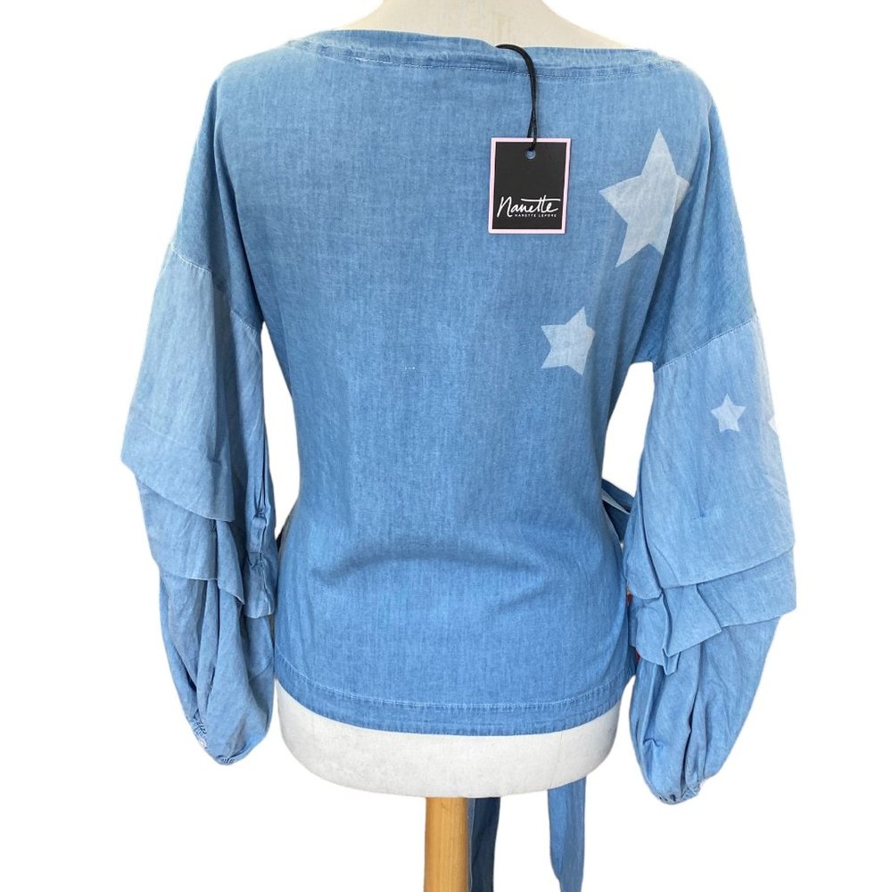NWT Nanette Lepore Chambray Star Tiered Balloon Sleeve Top Whimsigoth Boho-S - Picture 12 of 16